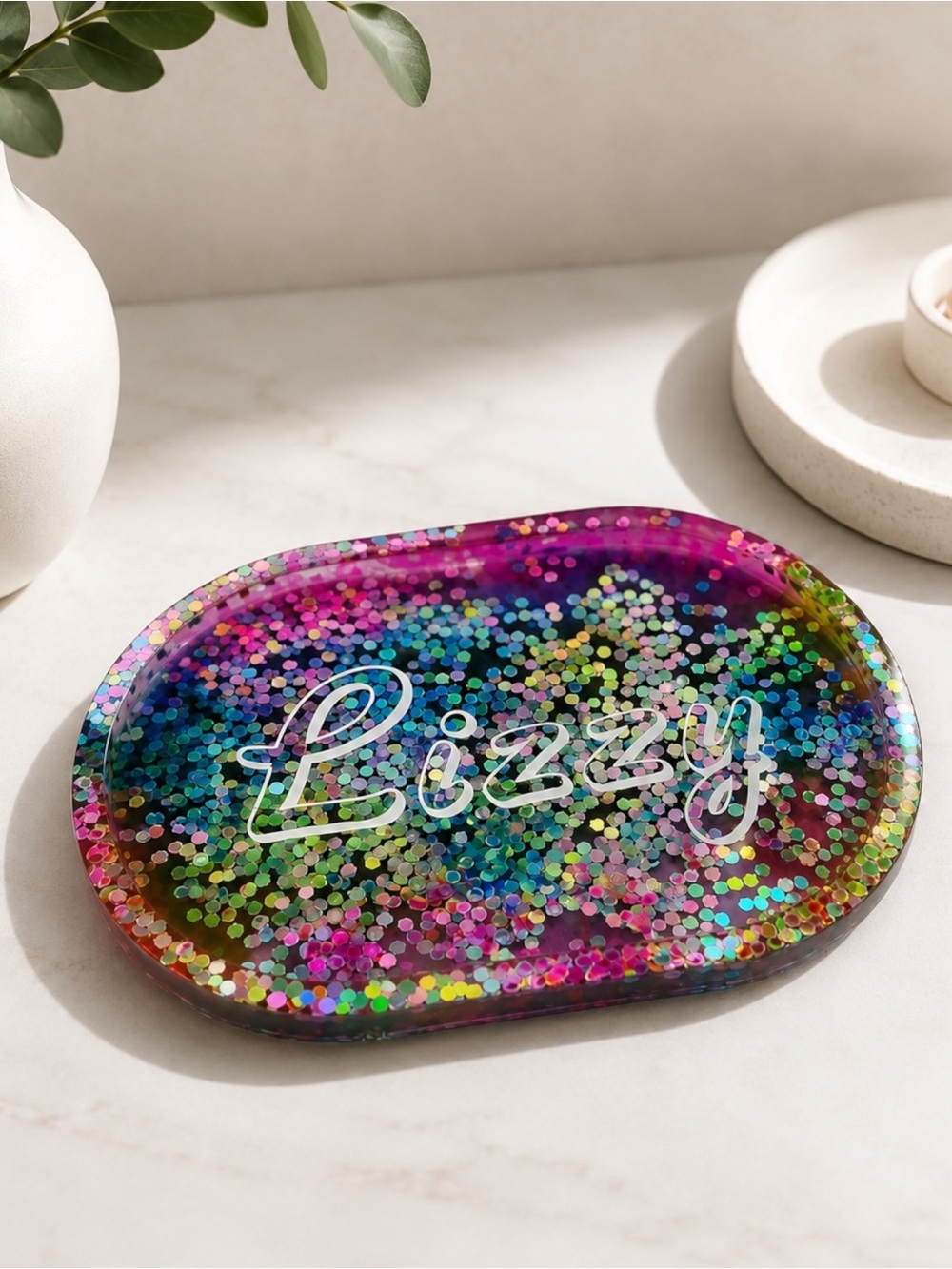 Personalized Multicolor Glitter Resin Trinket Tray - Lizzy
